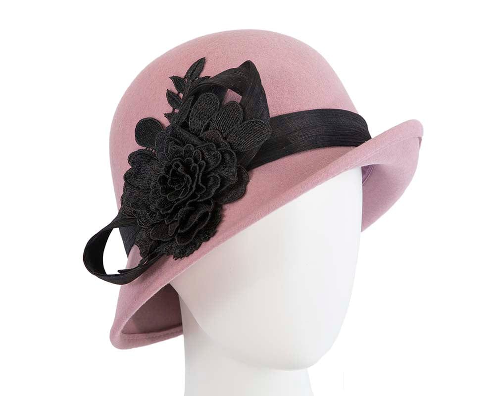 Cupids Millinery Women's Hat Pink Dusty pink felt cloche hat with lace by Fillies Collection