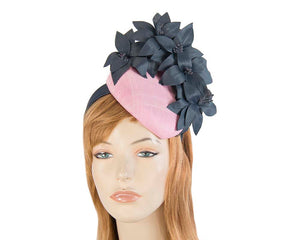 Cupids Millinery Women's Hat Pink & navy pillbox with leather flowers by Fillies Collection