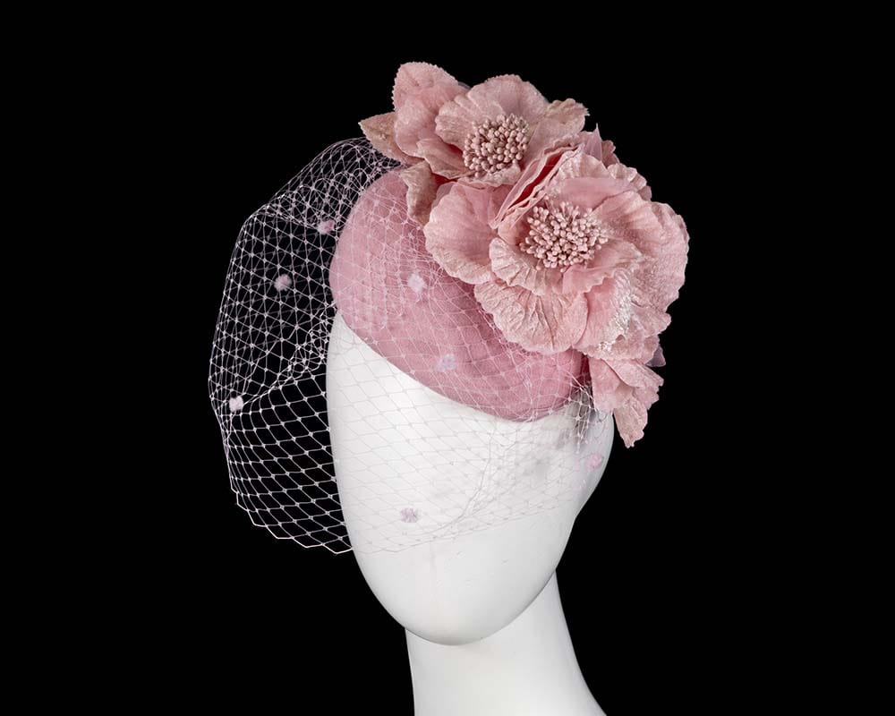 Cupids Millinery Women's Hat Pink Pink winter racing felt pillbox with flower and veiling by Fillies Collection