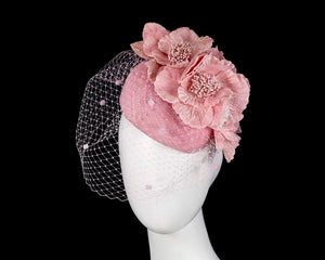 Cupids Millinery Women's Hat Pink Pink winter racing felt pillbox with flower and veiling by Fillies Collection