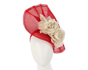 Cupids Millinery Women's Hat Red/Cream Large red & cream racing fascinator with flowers by Fillies Collection