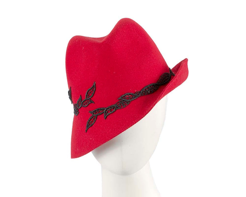 Cupids Millinery Women's Hat Red Red fedora felt fashion hat with lace by Max Alexander