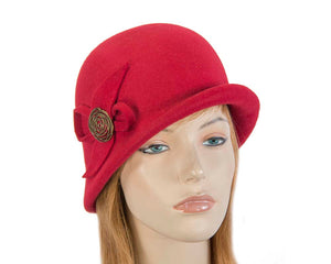 Cupids Millinery Women's Hat Red Red felt bucket hat with brass buckle J302R