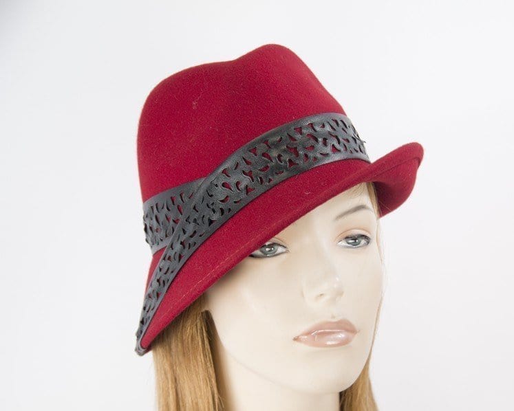 Cupids Millinery Women's Hat Red Red felt trilby hat with black leather by Max Alexander