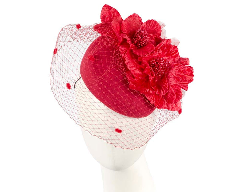 Cupids Millinery Women's Hat Red Red winter racing felt pillbox with flower and veiling by Fillies Collection