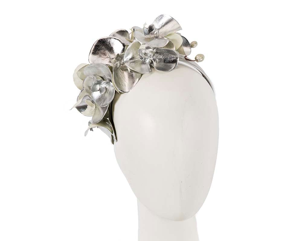 Cupids Millinery Women's Hat Silver Bespoke leather silver orchid flower headband