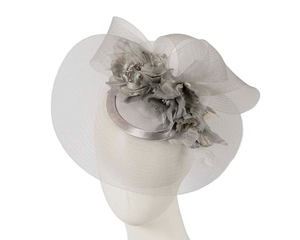 Cupids Millinery Women's Hat Silver Custom made silver cocktail hat with flowers