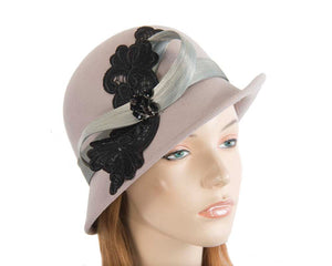 Cupids Millinery Women's Hat Silver Grey cloche hat with lace trim