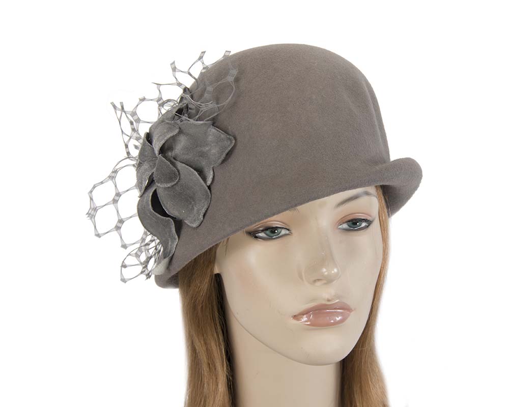 Cupids Millinery Women's Hat Silver Grey felt bucket hat with flower by Fillies Collection
