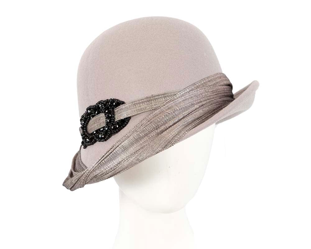 Cupids Millinery Women's Hat Silver Grey felt draped cloche hat