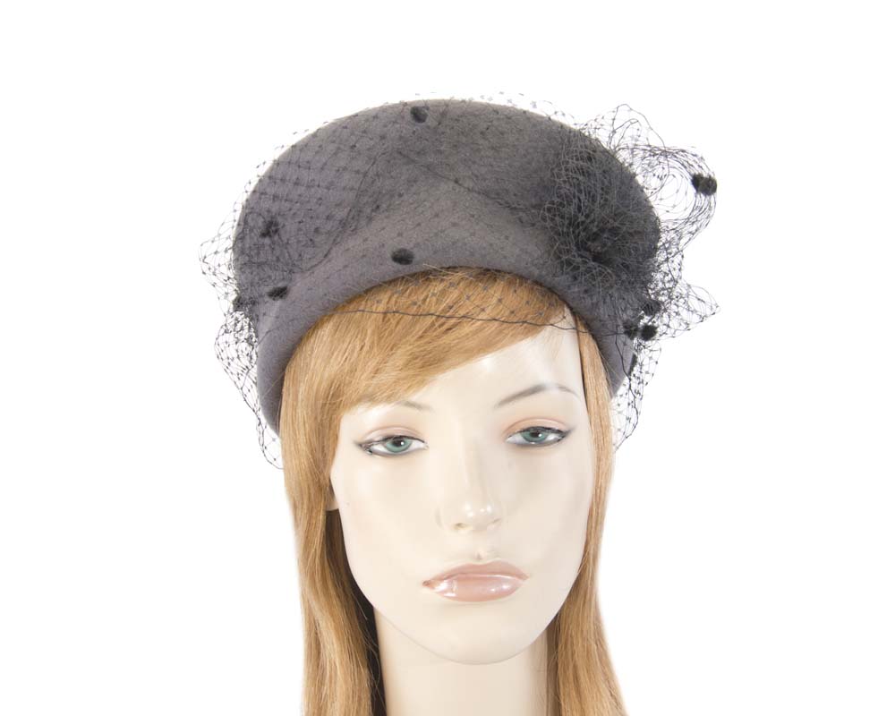 Cupids Millinery Women's Hat Silver Large grey & black felt beret hat