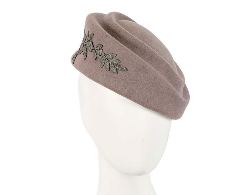 Cupids Millinery Women's Hat Silver Large grey felt beret hat with lace