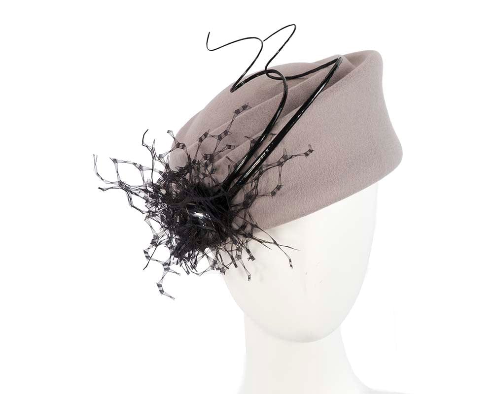 Cupids Millinery Women's Hat Silver Large grey winter felt pillbox hat for races