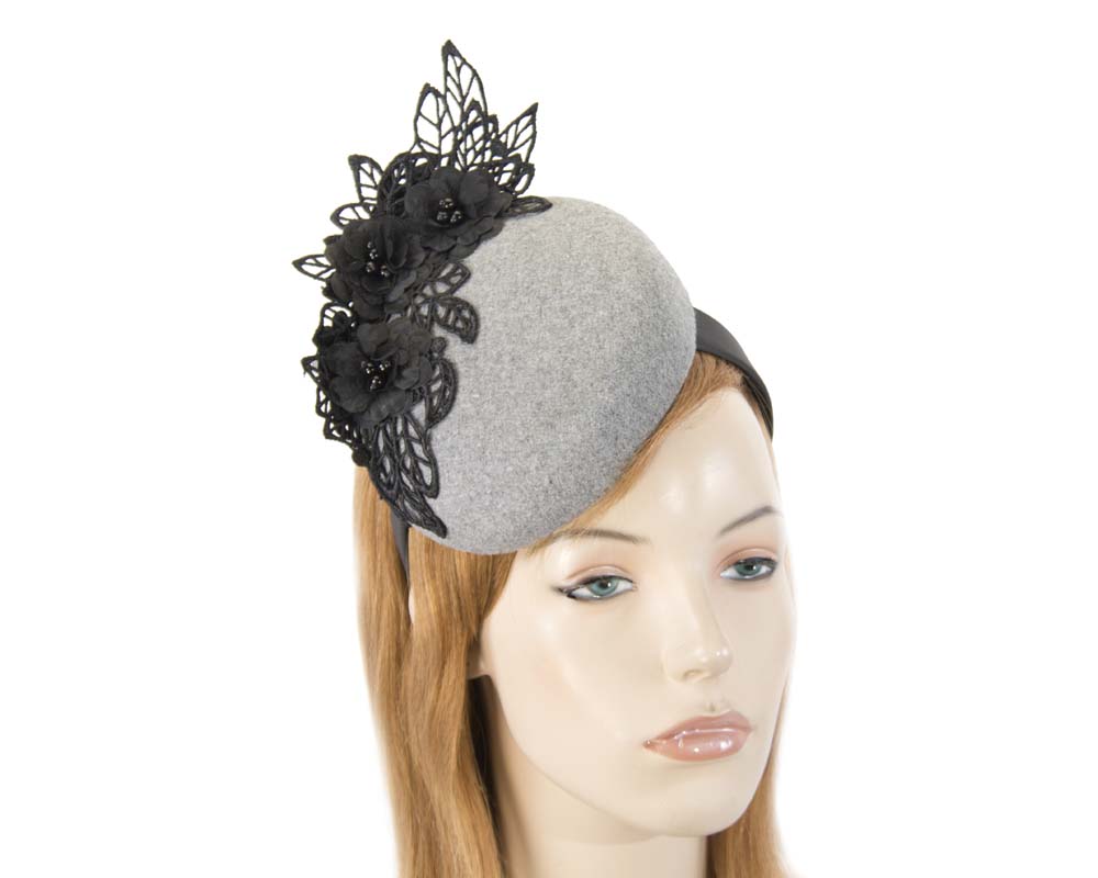 Cupids Millinery Women's Hat Silver Silver & black winter pillbox with lace