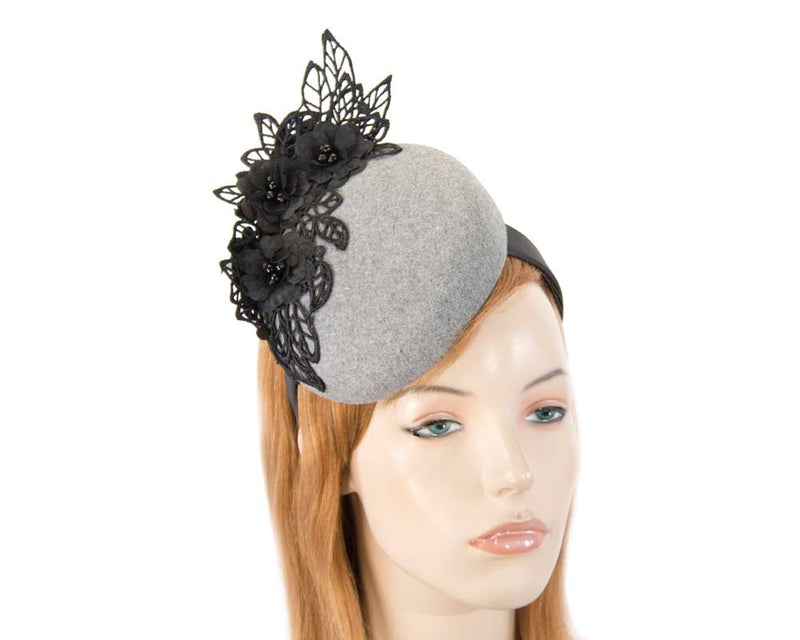 Cupids Millinery Women's Hat Silver Silver & black winter pillbox with lace