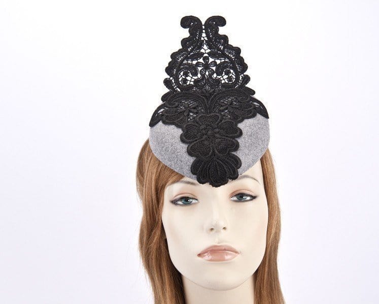 Cupids Millinery Women's Hat Silver Silver pillbox fascinator with black lace F585S