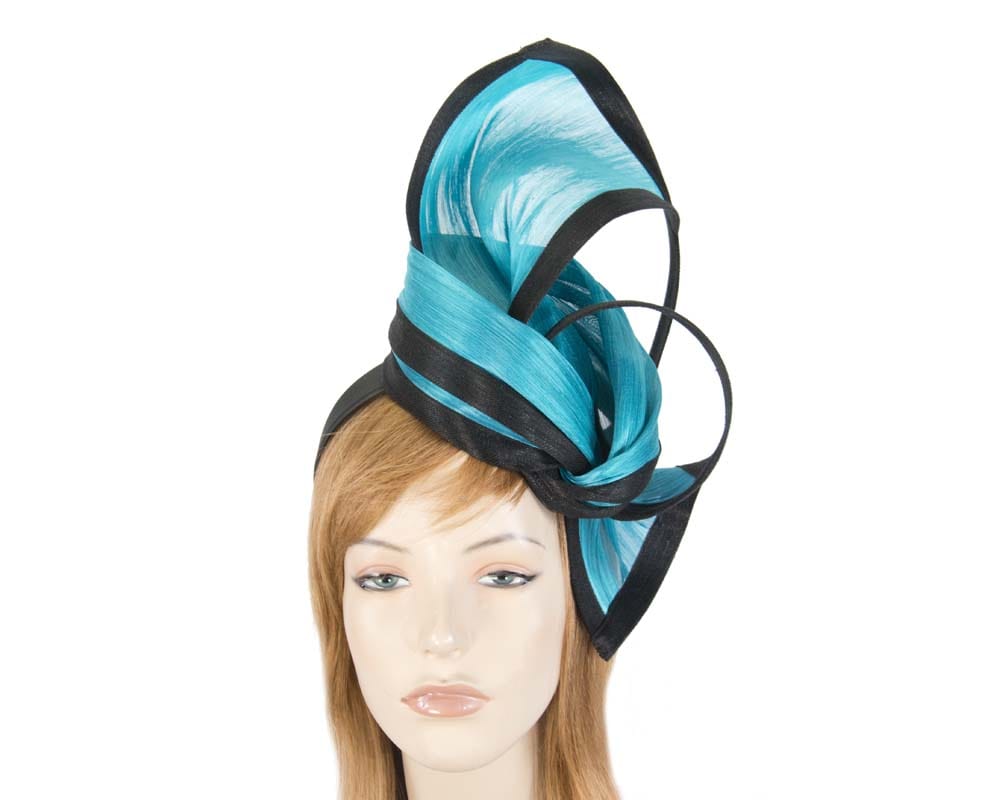 Cupids Millinery Women's Hat Turquoise Exclusive black & turquoise tall fascinator for Melbourne Cup races S159BT