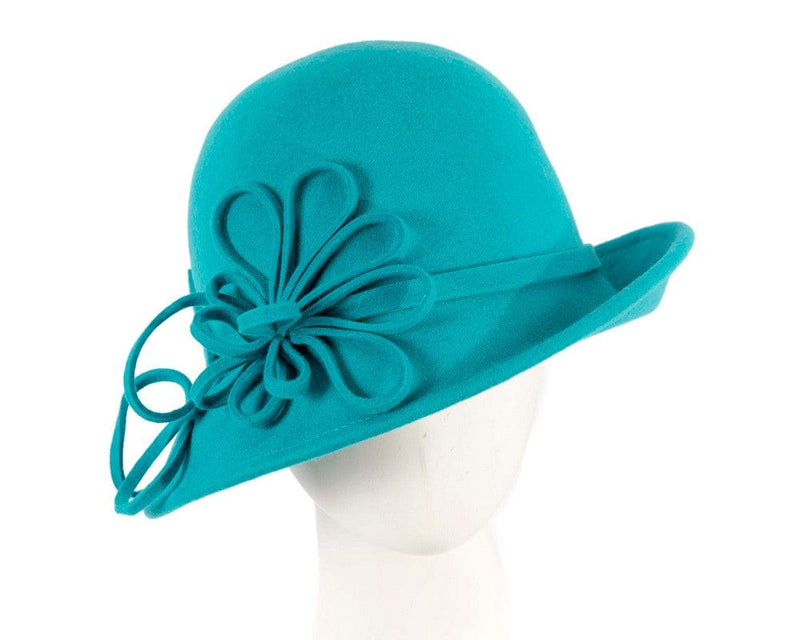 Cupids Millinery Women's Hat Turquoise Turquoise felt winter hat with flower by Max Alexander