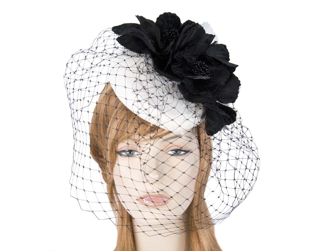 Cupids Millinery Women's Hat White & black pillbox with flower & veil