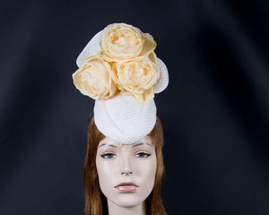 Cupids Millinery Women's Hat Yellow/Cream Tall white & yellow pillbox with flowers
