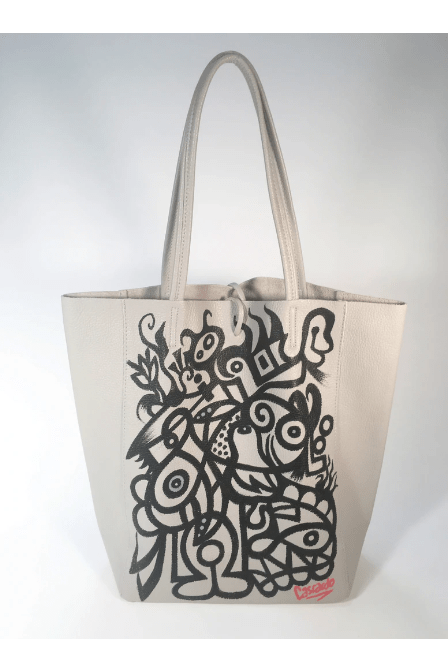 Daniel Cascardo Hand Painted Tote Bag Black on Grey / 14" H X 11" W X 5.5" D / I00% Italian Leather Hand Painted Cascardo Tote Bag (Grey 2) | Daniel Cascardo