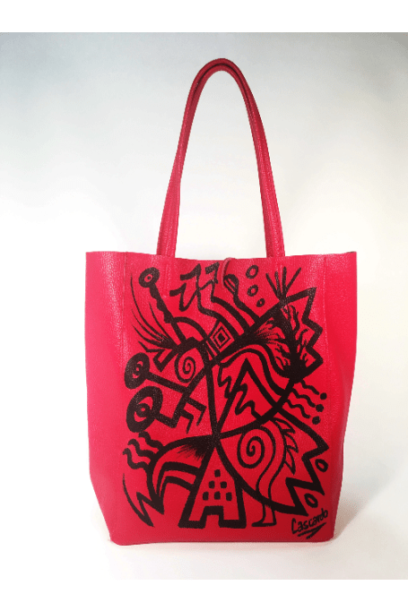 Daniel Cascardo Hand Painted Tote Bag Black on Red / 14" H X 11" W X 5.5" D / I00% Italian Leather Hand Painted Cascardo Tote Bag (Red) | Daniel Cascardo