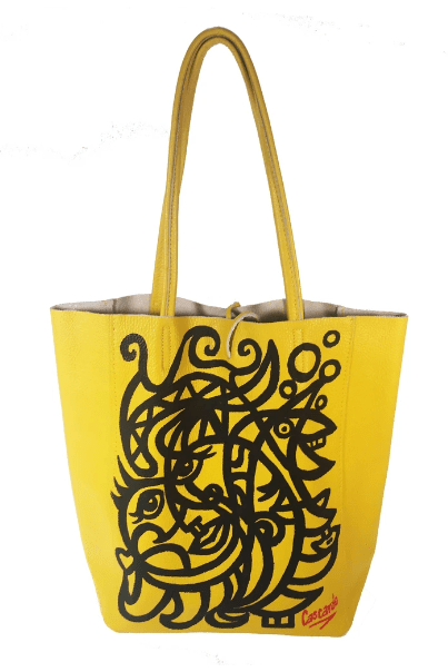 Daniel Cascardo Hand Painted Tote Bag Black on Yellow / 14" H X 11" W X 5.5" D / I00% Italian Leather Hand Painted Cascardo Tote Bag (Yellow) | Daniel Cascardo