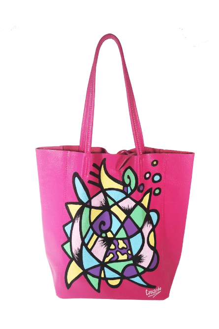 Daniel Cascardo Hand Painted Tote Bag Multi-color on Pink / 14" H X 11" W X 5.5" D / I00% Italian Leather Hand Painted Cascardo Tote Bag (Pink) | Daniel Cascardo