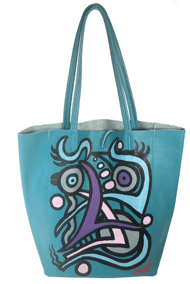Daniel Cascardo Hand Painted Tote Bag Multi-color on Turquoise / 14" H X 11" W X 5.5" D / I00% Italian Leather Hand Painted Cascardo Tote Bag (Turquoise 2) | Daniel Cascardo