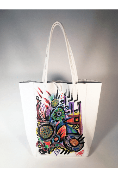Daniel Cascardo Hand Painted Tote Bag Multi-color on White / 14" H X 11" W X 5.5" D / I00% Italian Leather Hand Painted Cascardo Tote Bag (White) | Daniel Cascardo