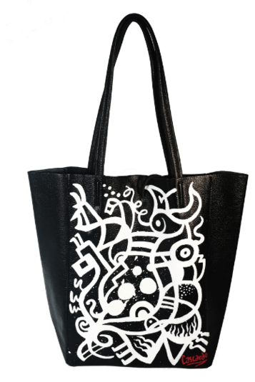 Daniel Cascardo Hand Painted Tote Bag White on Black / 14" H X 11" W X 5.5" D / I00% Italian Leather Hand Painted Cascardo Tote Bag (Grey) | Daniel Cascardo