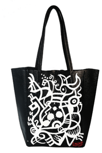 Daniel Cascardo Hand Painted Tote Bag White on Black / 14" H X 11" W X 5.5" D / I00% Italian Leather Hand Painted Cascardo Tote Bag (Grey) | Daniel Cascardo