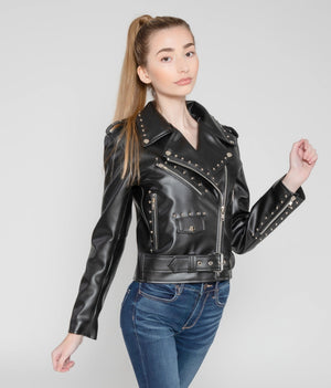 Fadcloset Womens Leather Jacket Fadcloset Women's Vegan Round Studded Black Moto Style Faux Leather Jacket