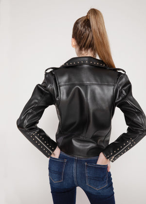 Fadcloset Womens Leather Jacket Fadcloset Women's Vegan Round Studded Black Moto Style Faux Leather Jacket