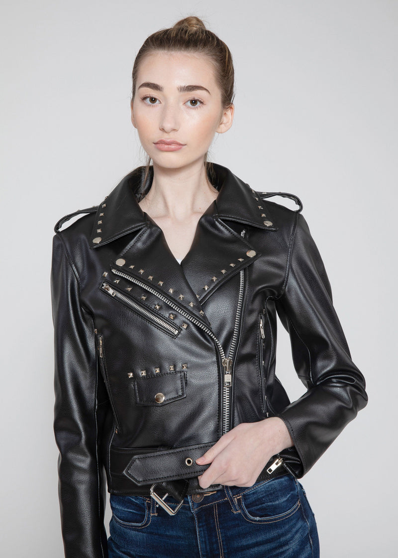 Fadcloset Womens Leather Jacket Fadcloset Women's Vegan Square Studded Black Moto Style Faux Leather Jacket