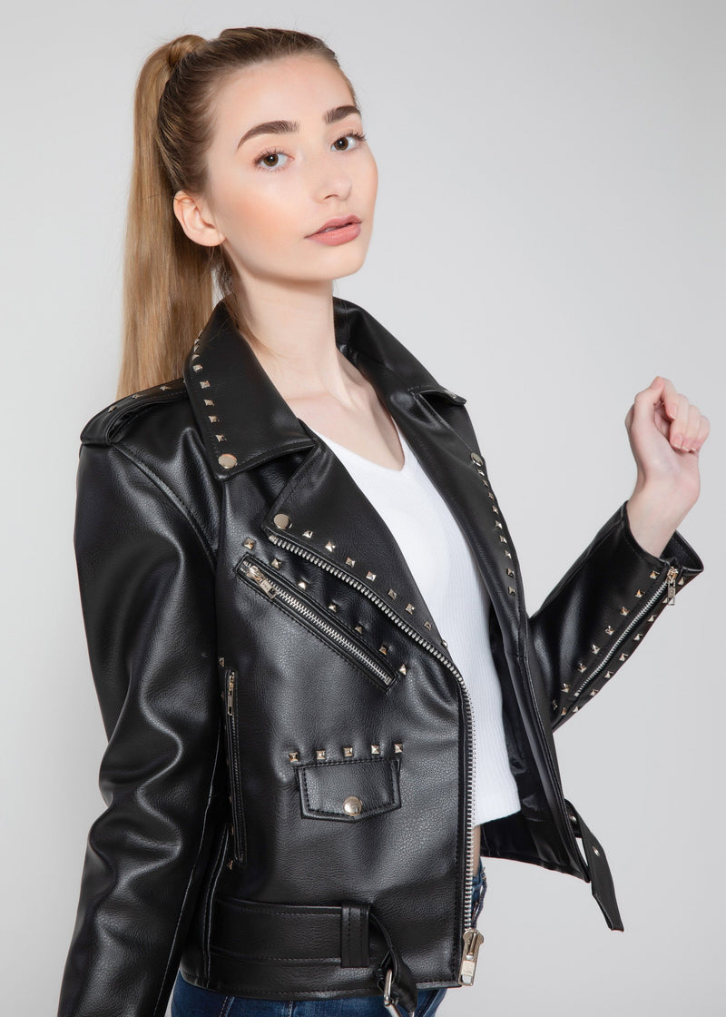 Fadcloset Womens Leather Jacket Fadcloset Women's Vegan Square Studded Black Moto Style Faux Leather Jacket