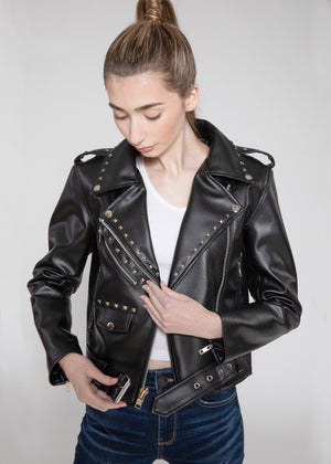 Fadcloset Womens Leather Jacket Fadcloset Women's Vegan Square Studded Black Moto Style Faux Leather Jacket