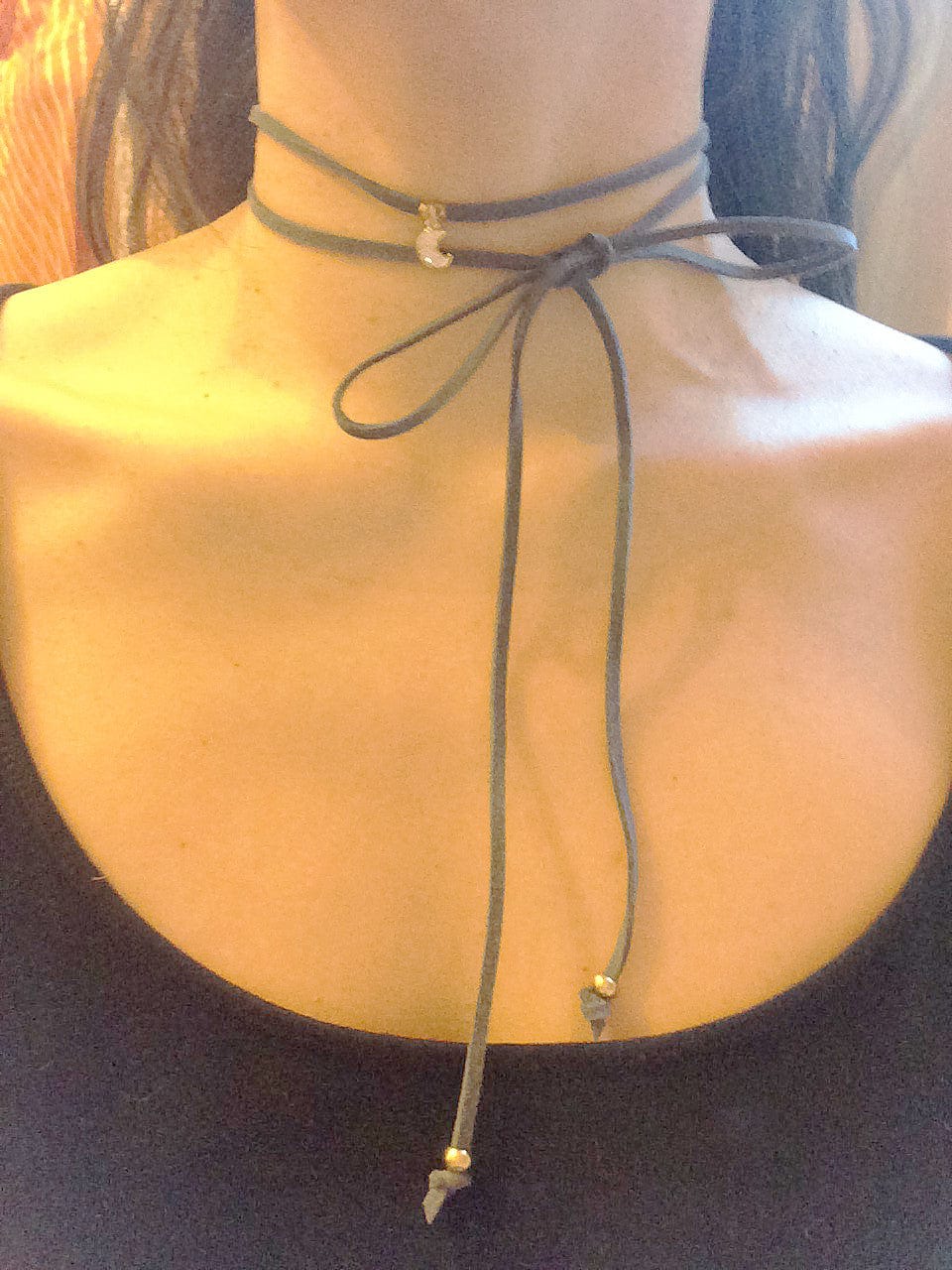 Gena Myint Necklace Gena Myint Crescent Moon Grey Suede Choker