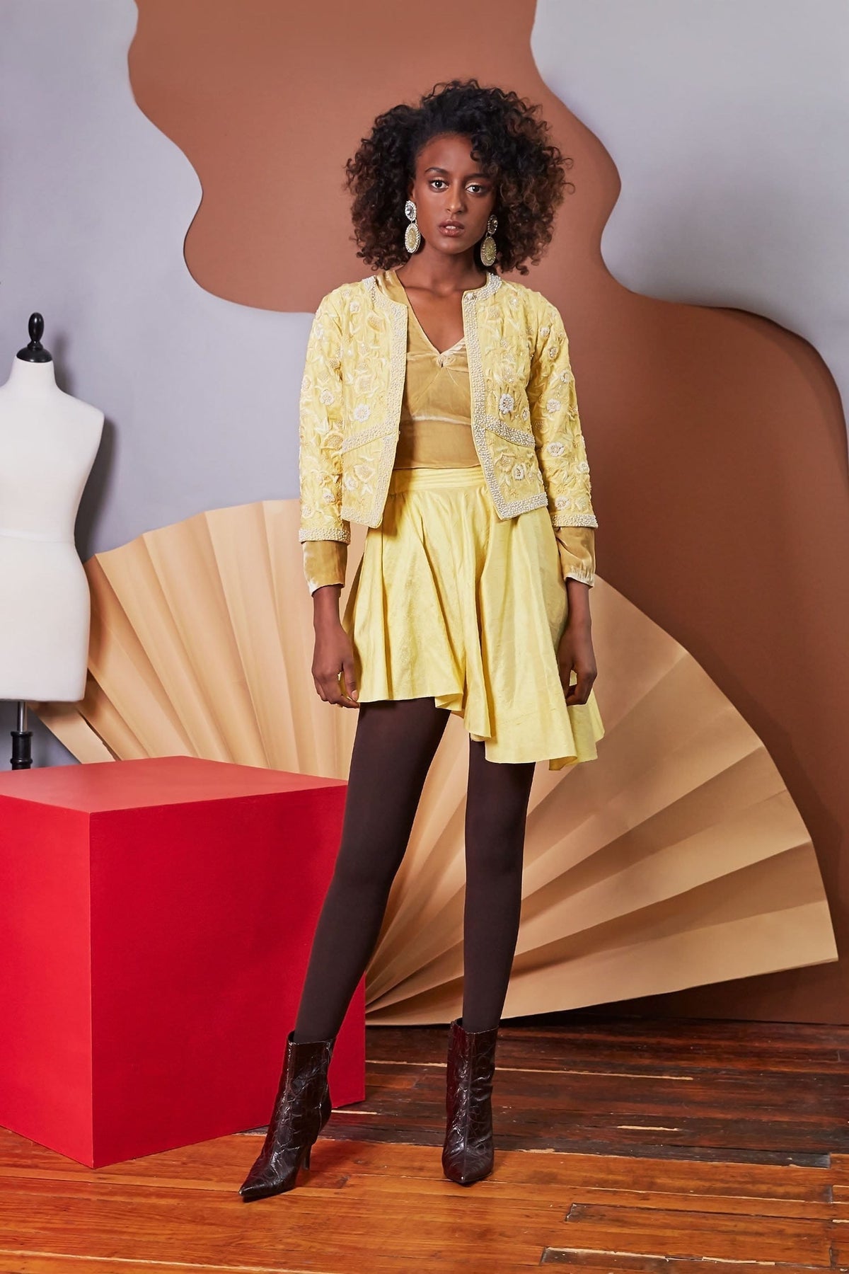 Lavanya Coodly Apparel & Accessories > Clothing > Blazers XS / Gold Lavanya Coodly Women's Boho Hand-Embroidered Floral Yellow Gold Glenda Jacket