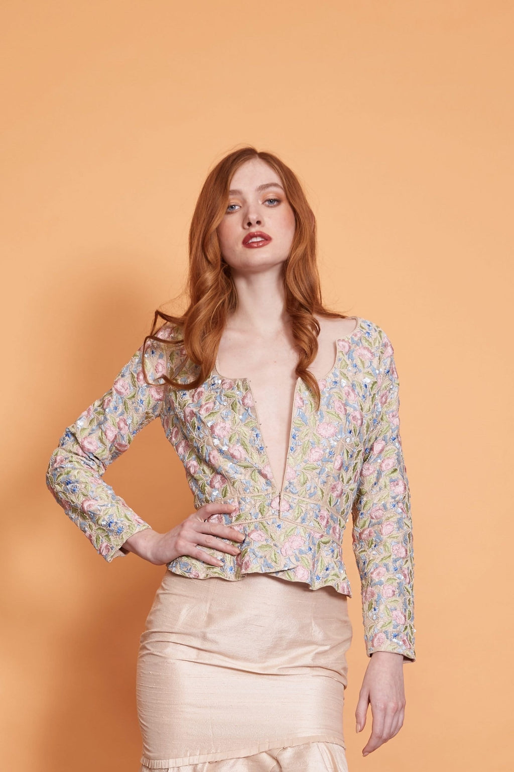 Lavanya Coodly Apparel & Accessories > Clothing > Blazers XS / Multi Lavanya Coodly Hand-Embroidered Multicolor on Blush Roanne Cropped Jacket with Peplum Hem, Scalloped Neckline, nd Elongating Sleeves