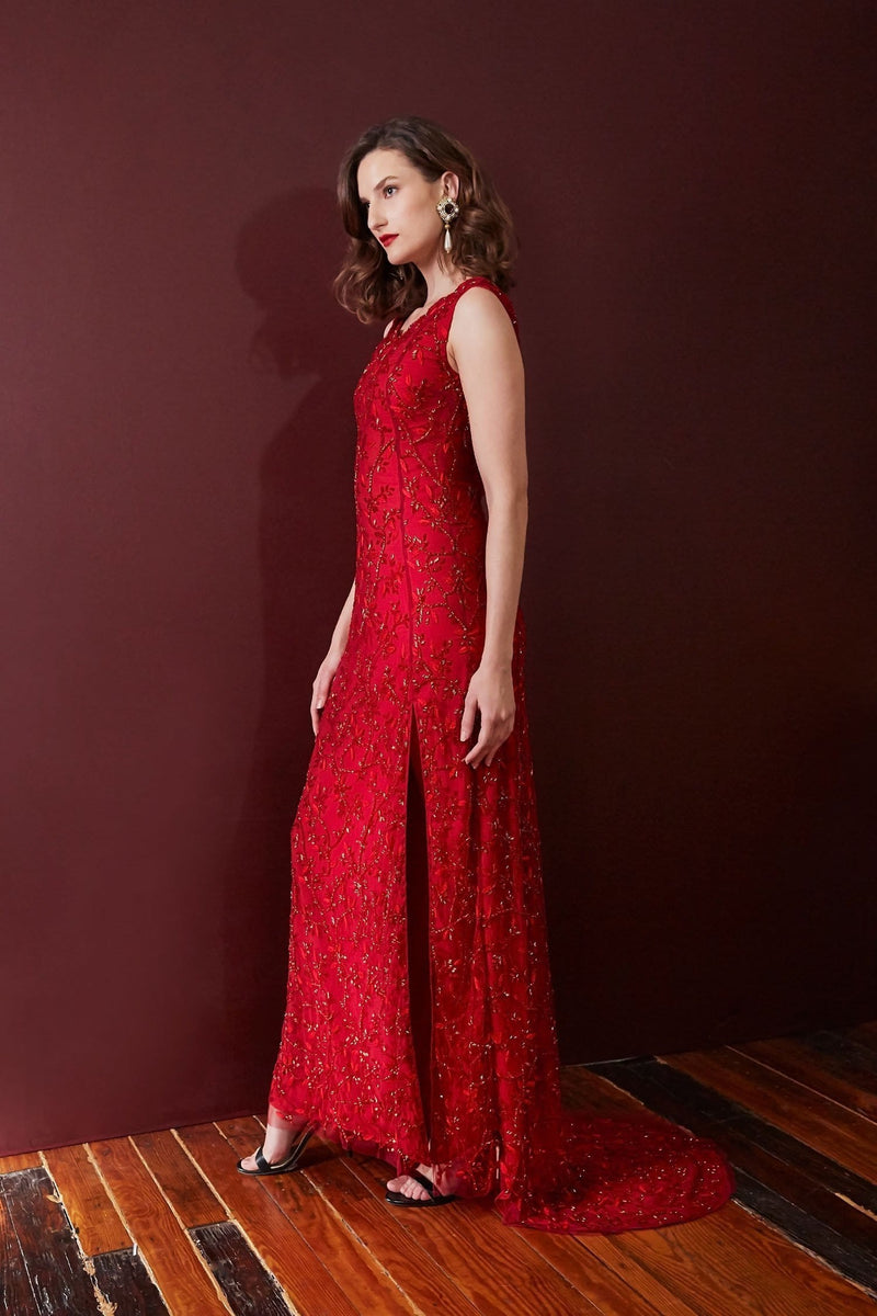 Lavanya Coodly Apparel & Accessories > Clothing > Dresses Lavanya Coodly Adeline Hand-Embroidered Floral on Red Tulle Floor Length Gown