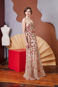 Lavanya Coodly Apparel & Accessories > Clothing > Dresses Lavanya Coodly Floral Maureen Nude Tulle Floor Length Gown with Hand Beading in Red, Nude, & Antique Gold