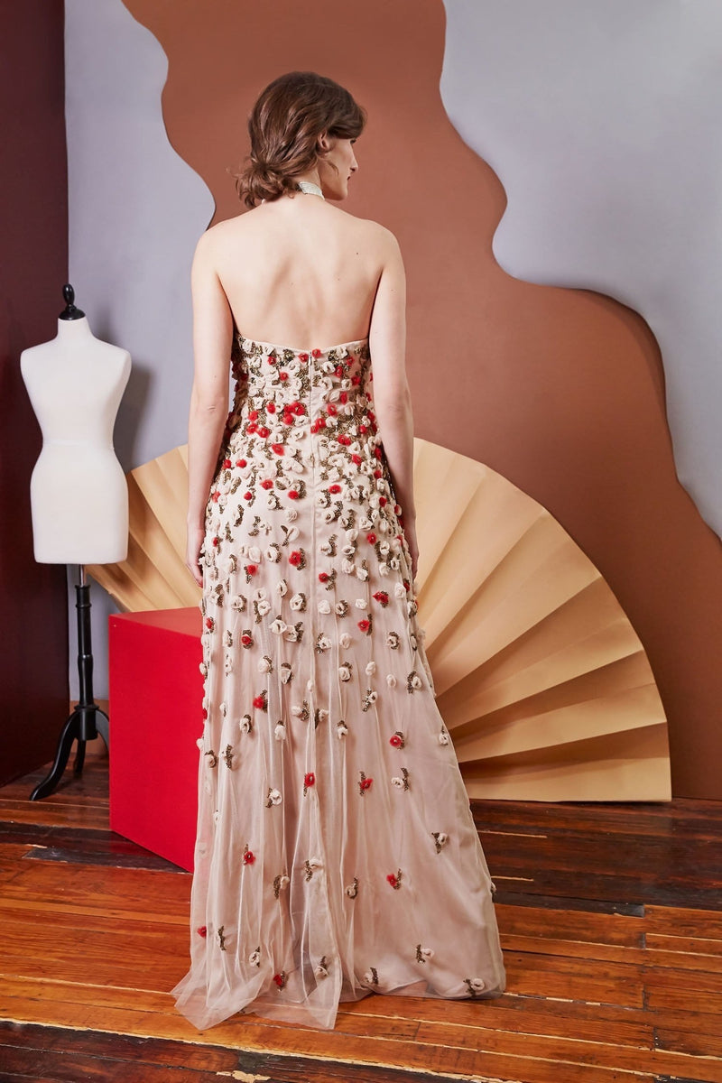Lavanya Coodly Apparel & Accessories > Clothing > Dresses Lavanya Coodly Floral Maureen Nude Tulle Floor Length Gown with Hand Beading in Red, Nude, & Antique Gold