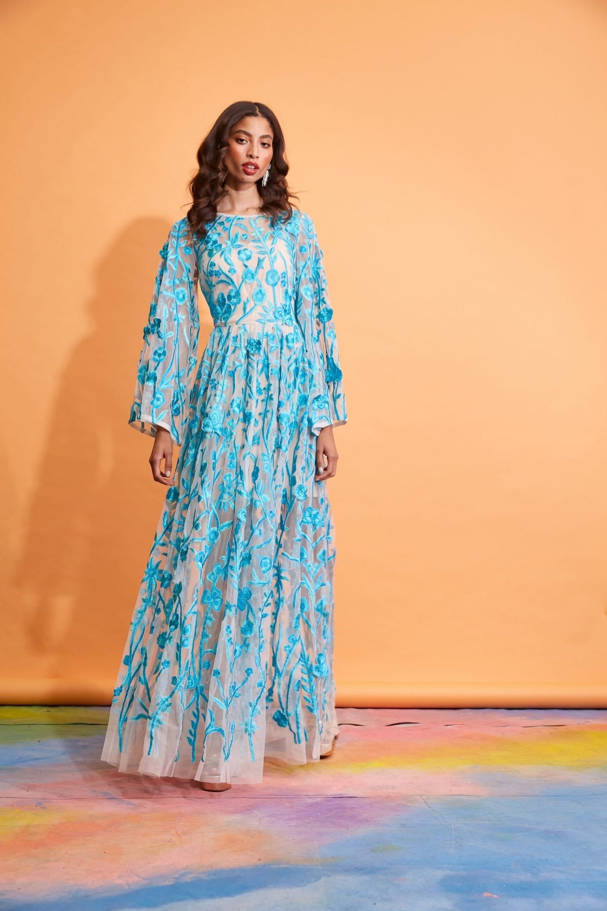 Lavanya Coodly Apparel & Accessories > Clothing > Dresses Lavanya Coodly Gladys Turquoise Hand-Embroidered Floral Gown with Fitted Bodice, High Neckline, & Full Sleeves
