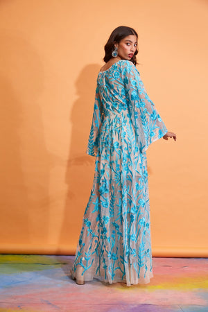 Lavanya Coodly Apparel & Accessories > Clothing > Dresses Lavanya Coodly Gladys Turquoise Hand-Embroidered Floral Gown with Fitted Bodice, High Neckline, & Full Sleeves