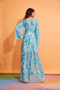 Lavanya Coodly Apparel & Accessories > Clothing > Dresses Lavanya Coodly Gladys Turquoise Hand-Embroidered Floral Gown with Fitted Bodice, High Neckline, & Full Sleeves