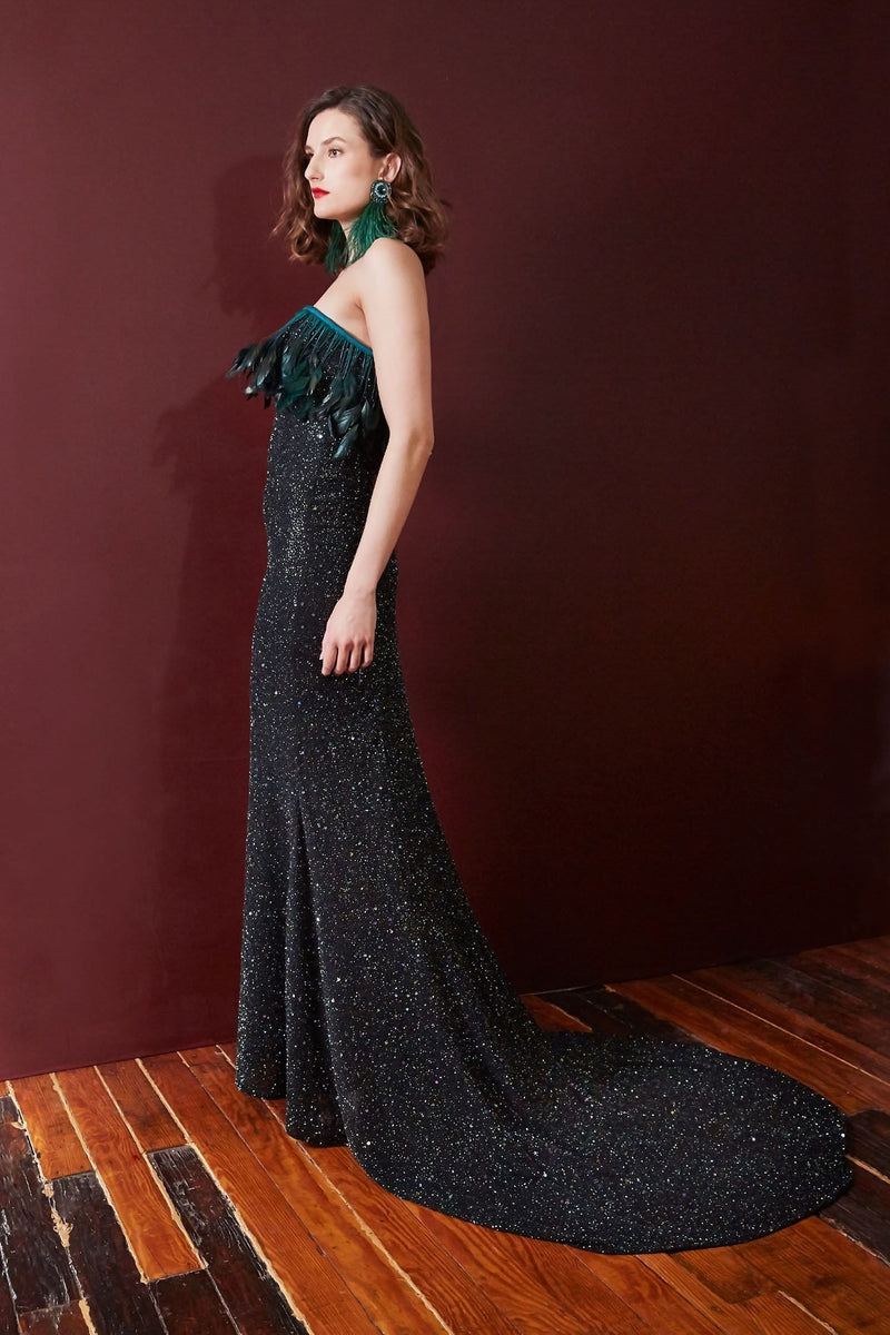 Lavanya Coodly Apparel & Accessories > Clothing > Dresses Lavanya Coodly Hand-Beaded Barbarella Black Gown with Feathers