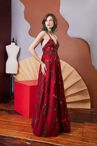 Lavanya Coodly Apparel & Accessories > Clothing > Dresses Lavanya Coodly Hand-Beaded Floor Length Floral Sequin & Glass Red Sylvia Gown