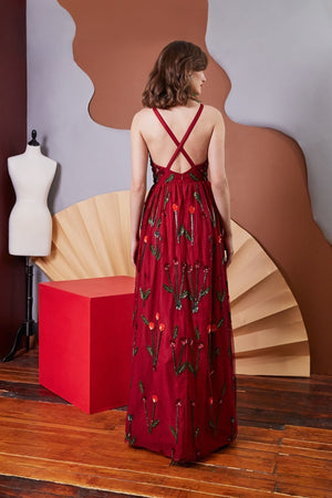 Lavanya Coodly Apparel & Accessories > Clothing > Dresses Lavanya Coodly Hand-Beaded Floor Length Floral Sequin & Glass Red Sylvia Gown