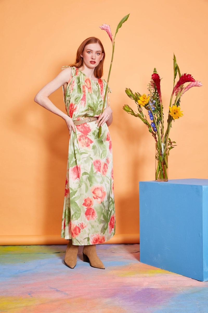 Lavanya Coodly Apparel & Accessories > Clothing > Dresses Lavanya Coodly Jessica Floral Midi Dress in Orange & Green on Almond Silk with Bateau Neckline & Cap Sleeves